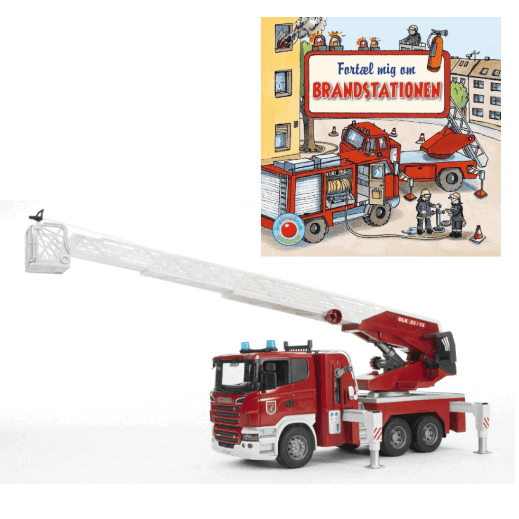 Bruder brandbil med lys og lyd og bogen fortæl mig om brandstation fra forlaget bolden