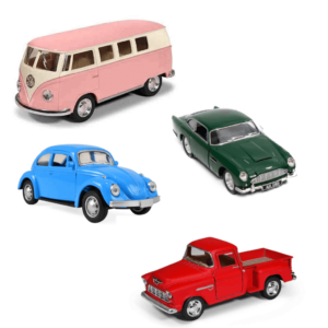 Magni die cast biler: VW boble, WV bus, Chevrolet, Aston Martin