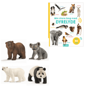 schleich brunbjørn, schleich koalabjørn, Schleich isbjørn, Schleich pandabjørn og bogen min store bog med dyrelyde fra forlaget bolden