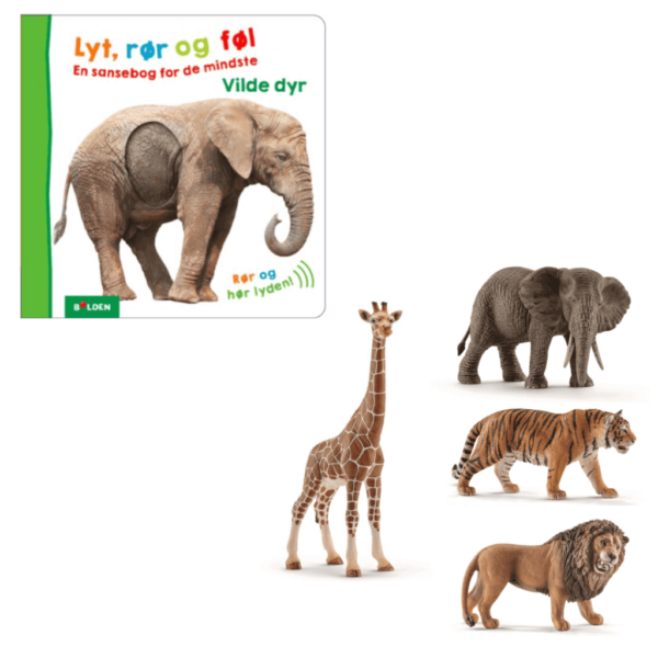 Shleich giraf, schleich løve, schleich tiger, schleich elefant og bogen lyt føl rør en sansebog for de mindste vilde dyr af forlaget bolden