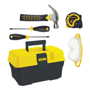 Stanley jr. værktøjskasse til børn med værktøj: hammer, skruetrækkere, målebånd og sikkerhedsbriller